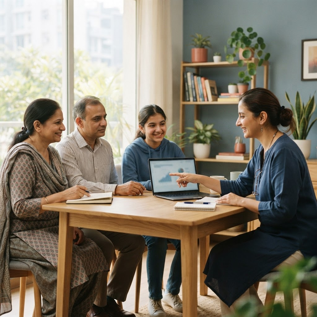 Parents and their daughter in a counselling session with an Education Bridge counsellor